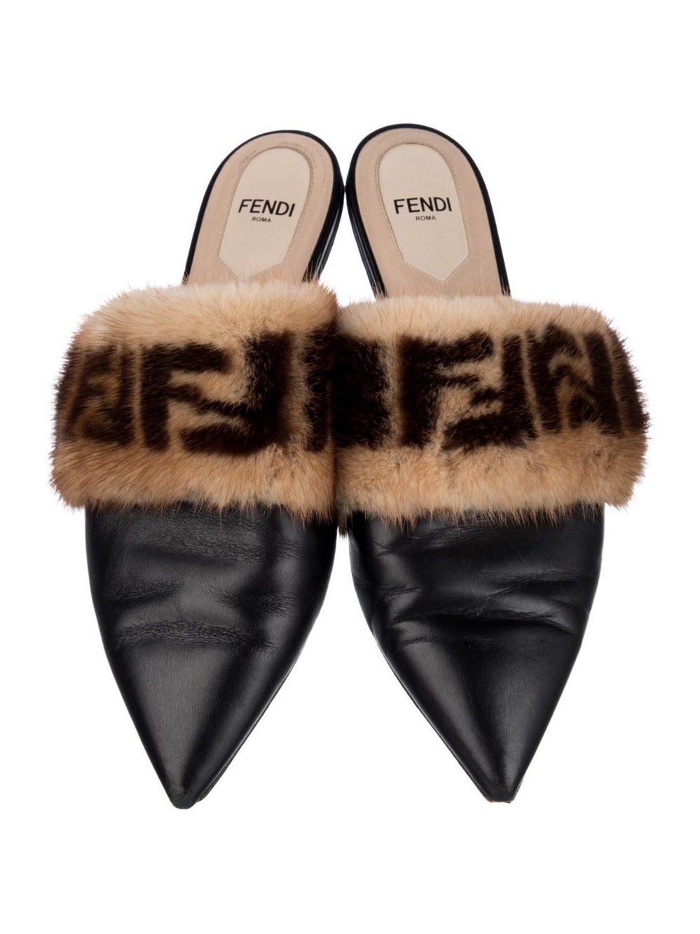 Fendi Black Leather Pointed Mule with Brown Branded Fur Strap